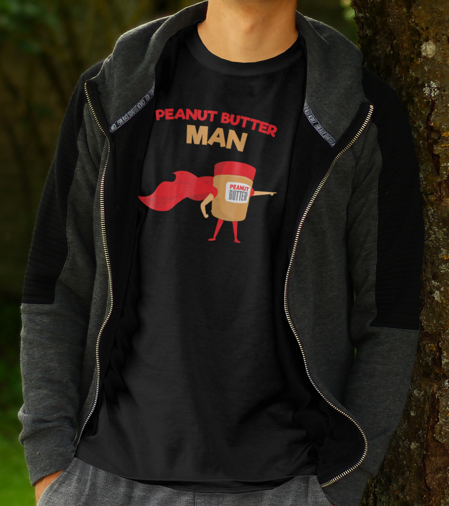 Peanut Butter Man Superhero In Red Cape Jar With Bold Letters T-Shirt