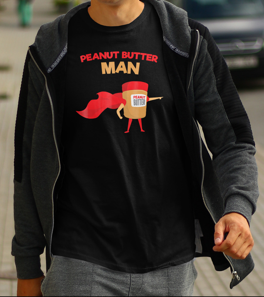 Peanut Butter Man Superhero In Red Cape Jar With Bold Letters T-Shirt