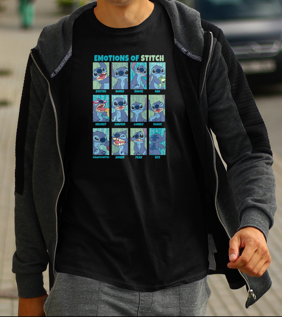 Disney Lilo And Stitch Excited Bored Shock Sad Delight Amused Lonely Suave Disappointed Anger Fear Bye Emotions Of Stitch T-Shirt