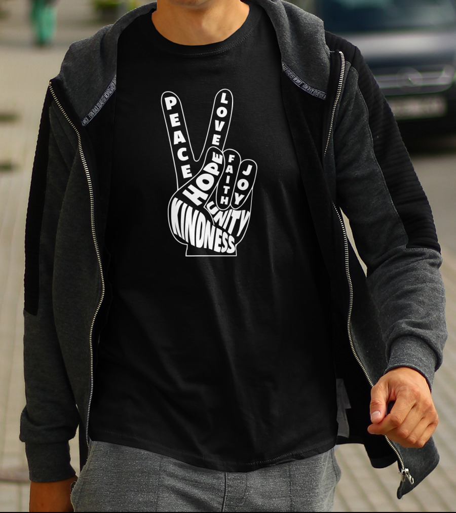 Peace Love Kindness Hope Faith Joy Unity 60s Hand Sign T-Shirt