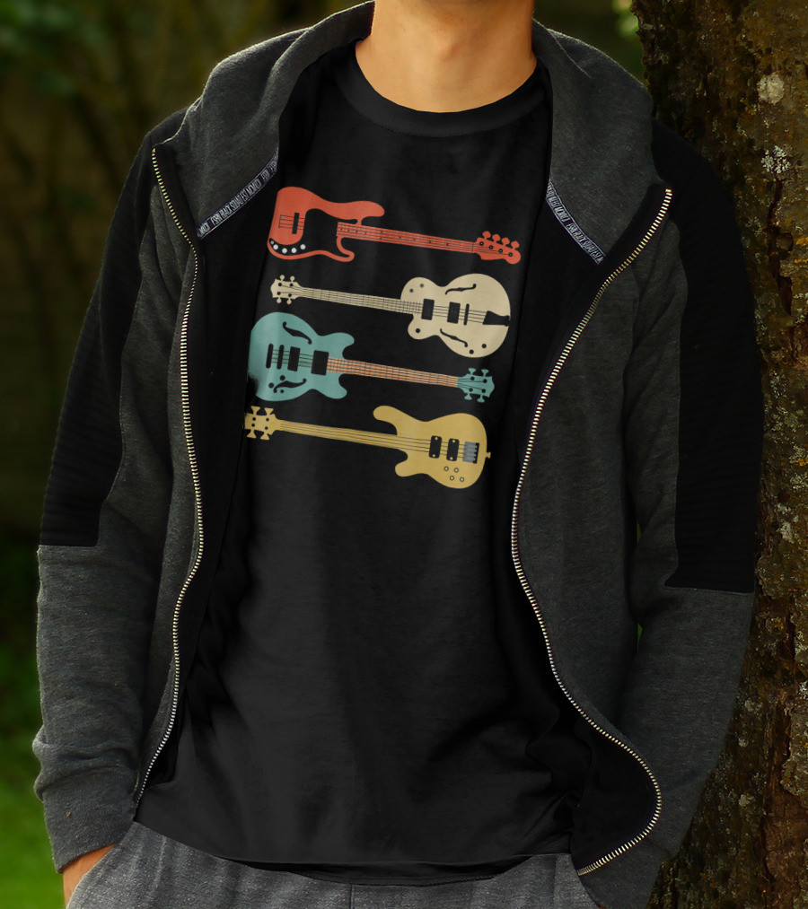 Vintage Retro Bass Guitar Bassist Player Colorful Guitar Collection T-Shirt