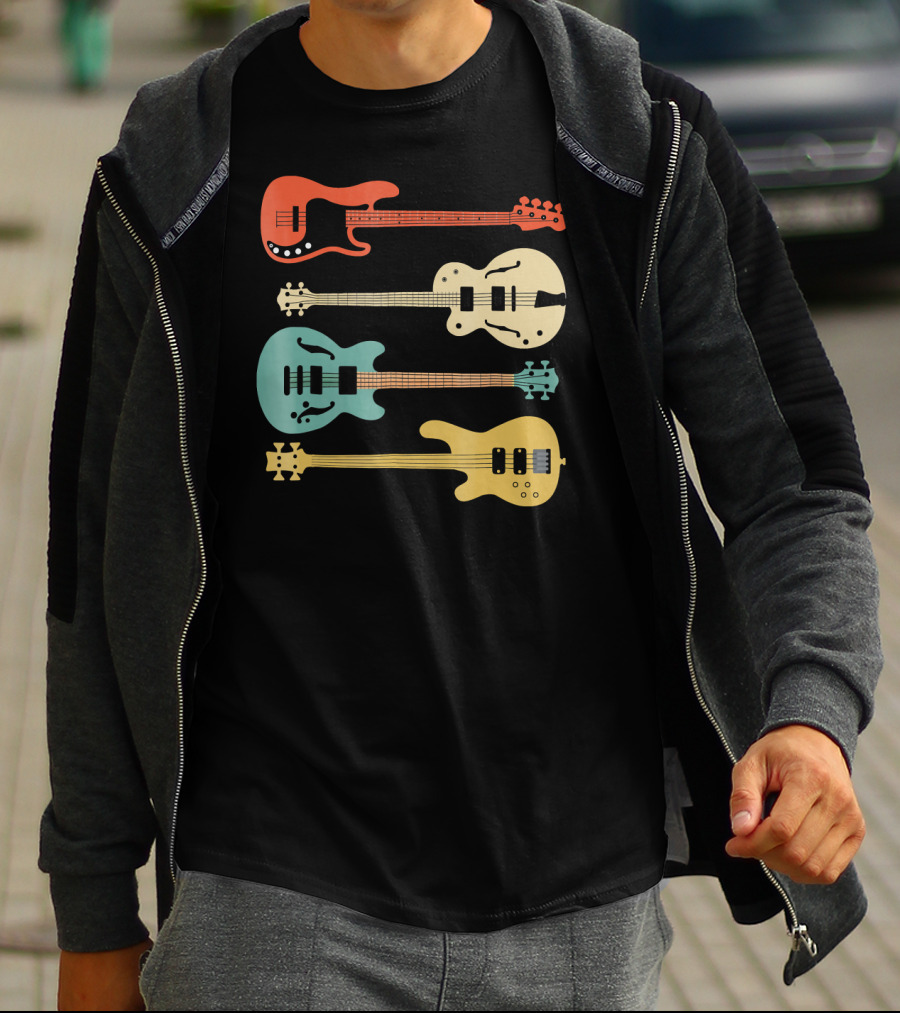 Vintage Retro Bass Guitar Bassist Player Colorful Guitar Collection T-Shirt