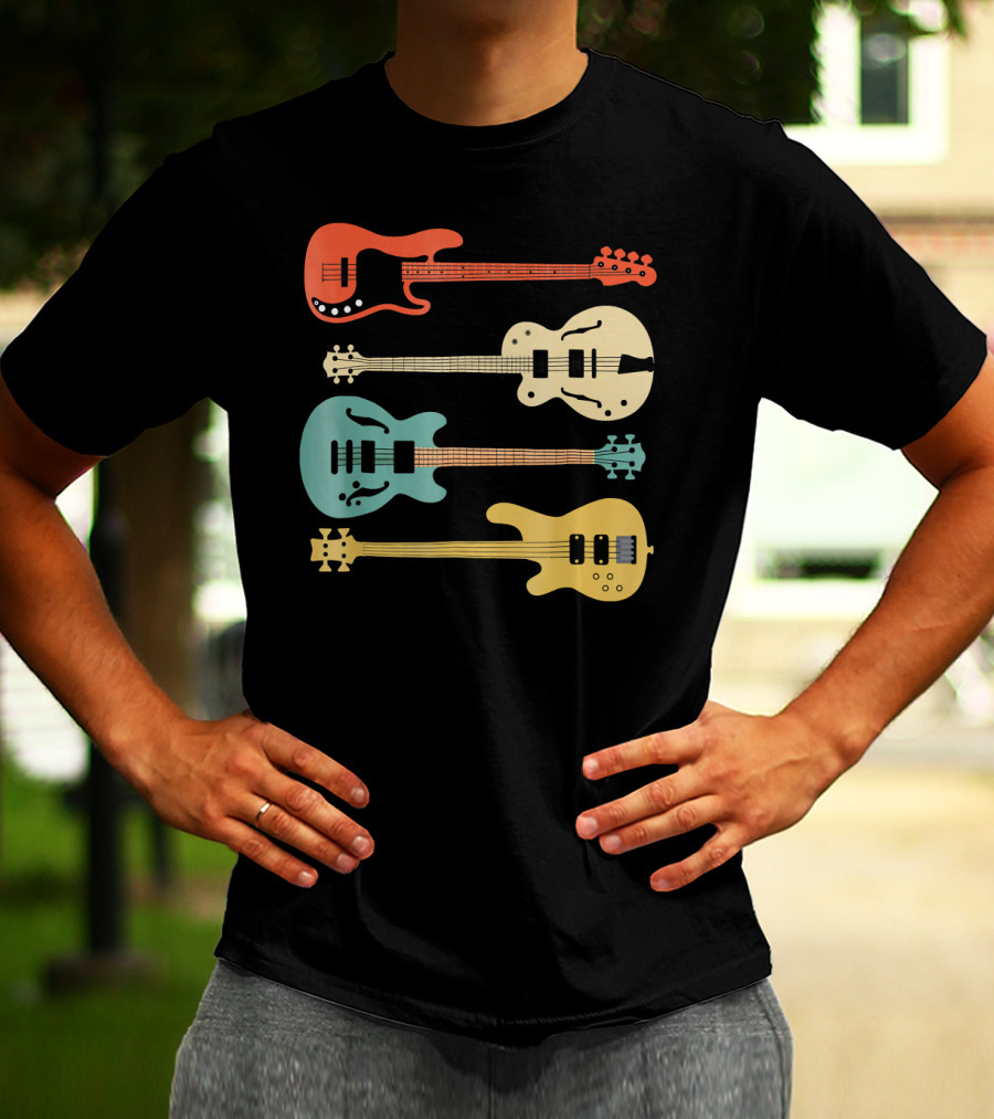 Vintage Retro Bass Guitar Bassist Player Colorful Guitar Collection T-Shirt