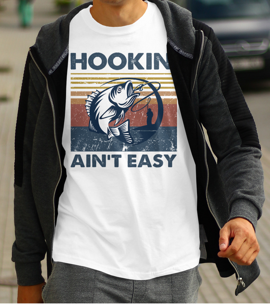 Hookin' Ain't Easy Vintage Fishing Graphic With Striped Sunset And Angler T-Shirt