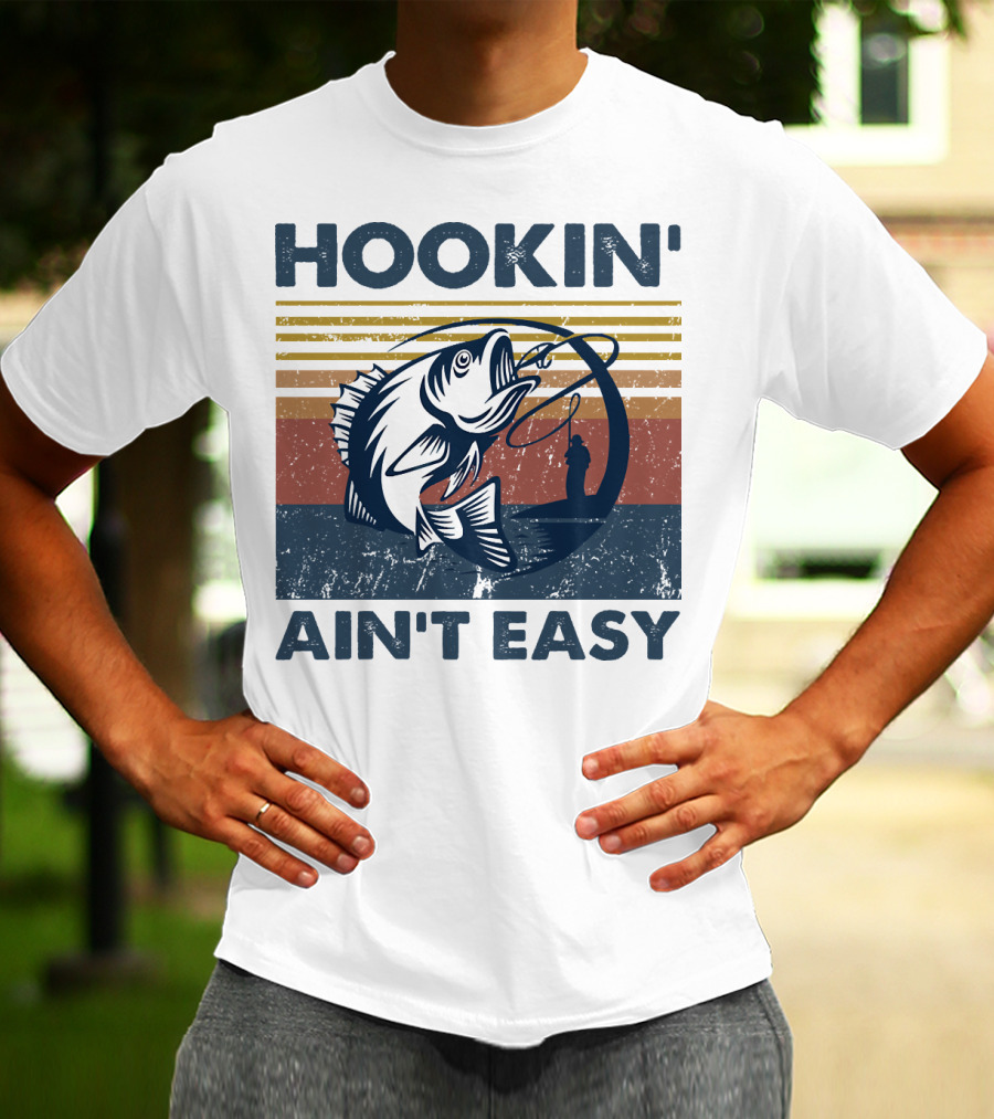 Hookin' Ain't Easy Vintage Fishing Graphic With Striped Sunset And Angler T-Shirt
