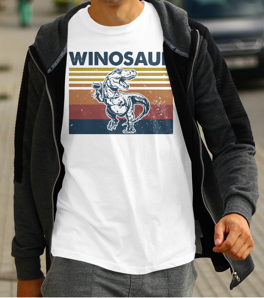Winosaur Dinosaur With Wine Glass Retro Stripes T-Shirt