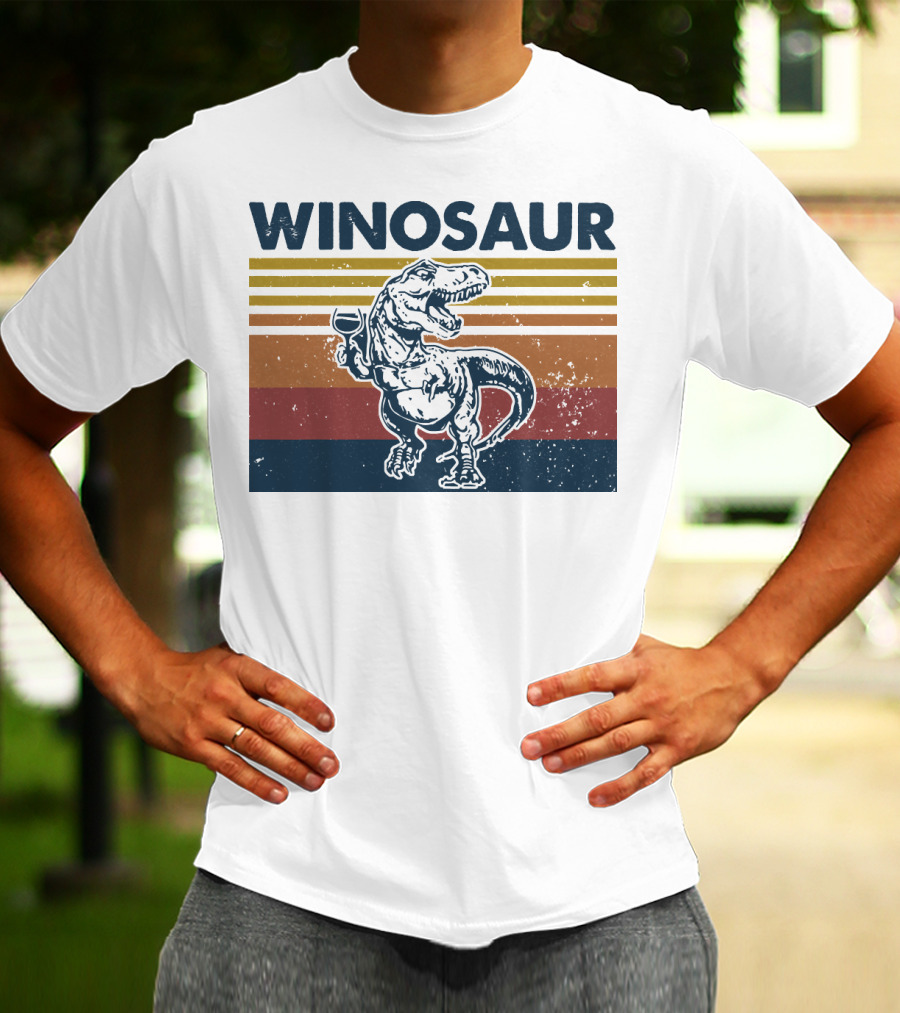 Winosaur Dinosaur With Wine Glass Retro Stripes T-Shirt