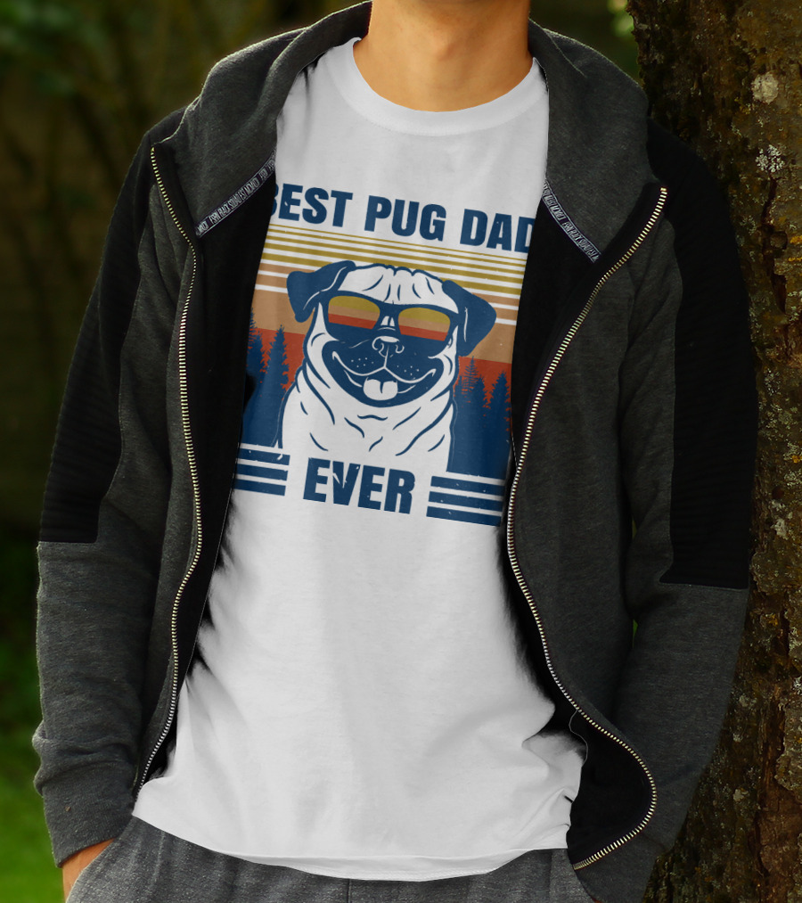 Best Pug Dad Ever Vintage Sunset Forest Retro T-Shirt
