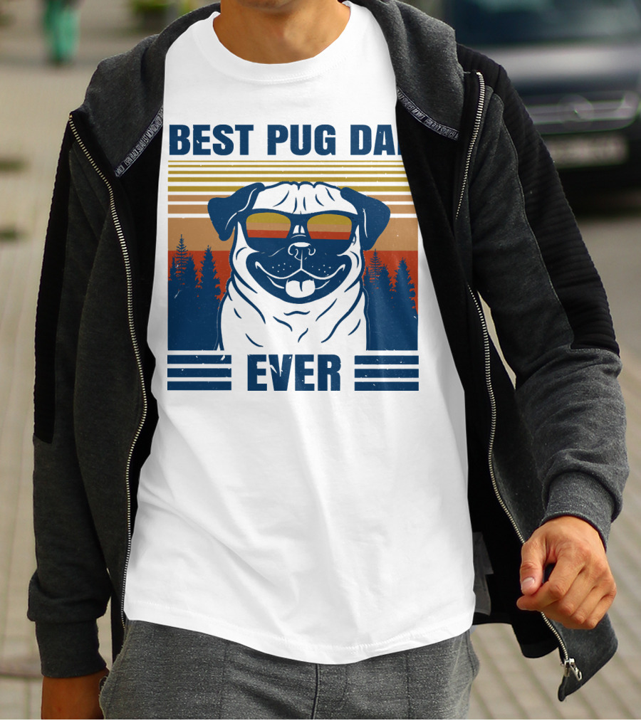 Best Pug Dad Ever Vintage Sunset Forest Retro T-Shirt