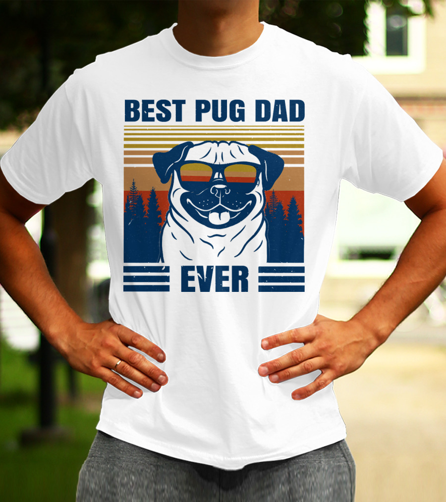 Best Pug Dad Ever Vintage Sunset Forest Retro T-Shirt