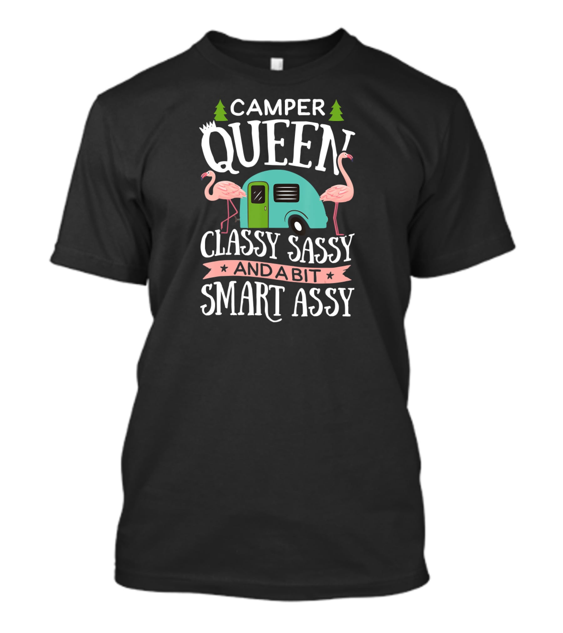 CAMPER QUEEN CLASSY SASSY SMART ASSY Flamingos Trees Retro Trailer T-Shirt