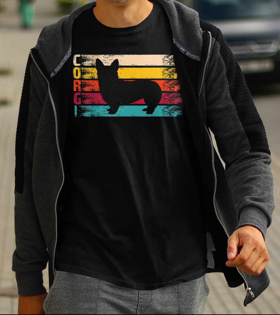 Distressed Vintage Corgi Silhouette Retro Stripes T-Shirt