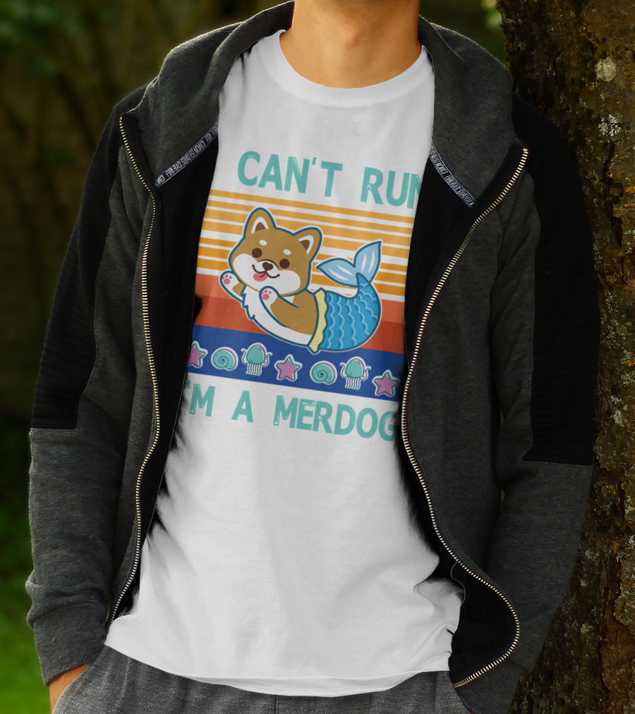 Mermaid Corgi I Can't Run I'm A Merdog With Starfish And Seashells T-Shirt