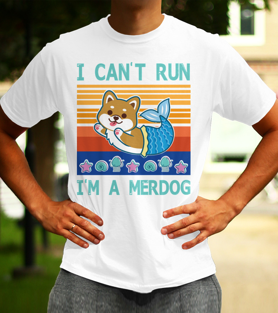 Mermaid Corgi I Can't Run I'm A Merdog With Starfish And Seashells T-Shirt