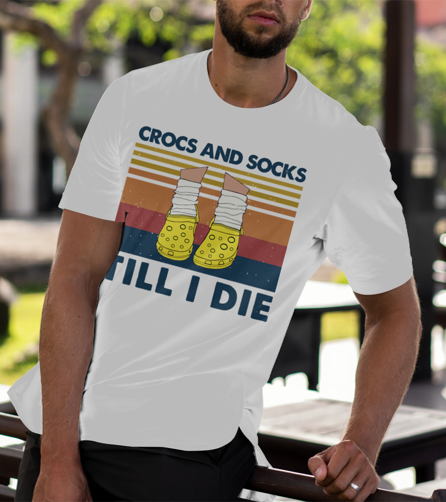 Crocs And Socks Till I Die Yellow Footwear Retro Stripes T-Shirt