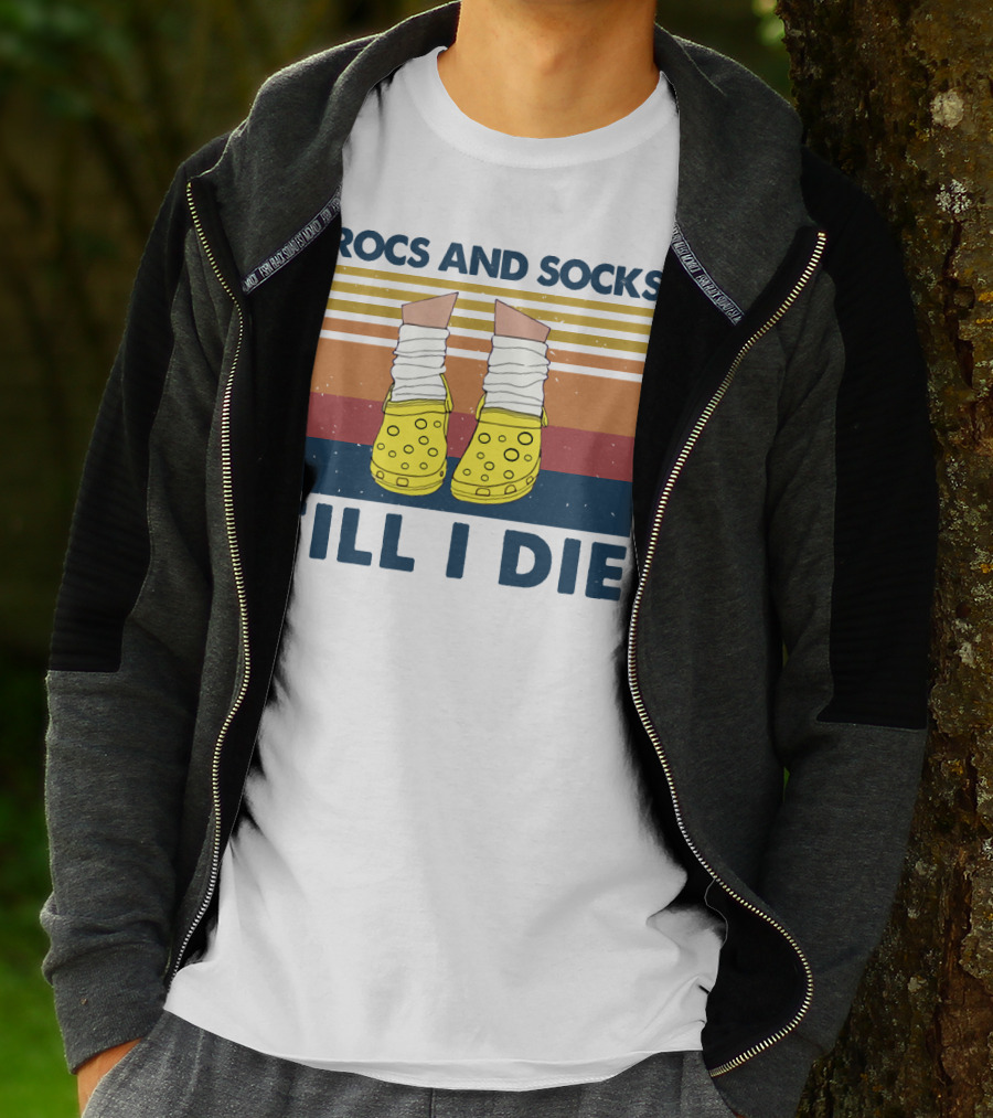 Crocs And Socks Till I Die Yellow Footwear Retro Stripes T-Shirt