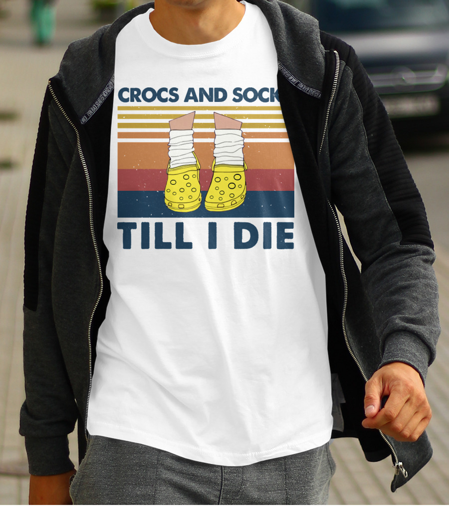 Crocs And Socks Till I Die Yellow Footwear Retro Stripes T-Shirt