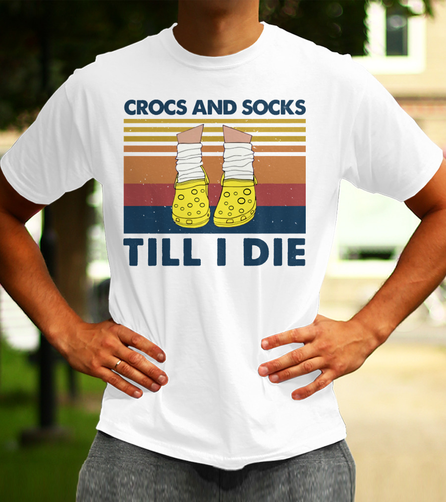 Crocs And Socks Till I Die Yellow Footwear Retro Stripes T-Shirt