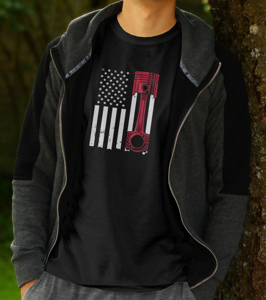 American Flag Piston Car Enthusiast Muscle T-Shirt