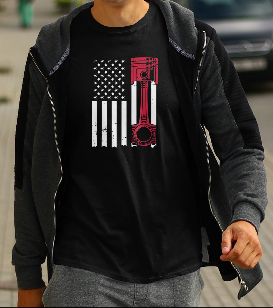 American Flag Piston Car Enthusiast Muscle T-Shirt