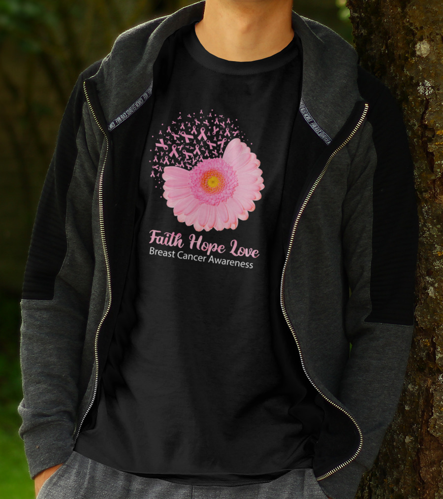 Faith Hope Love Pink Ribbon Florals Breast Cancer Awareness T-Shirt