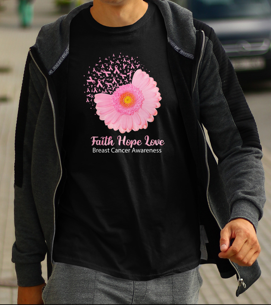 Faith Hope Love Pink Ribbon Florals Breast Cancer Awareness T-Shirt