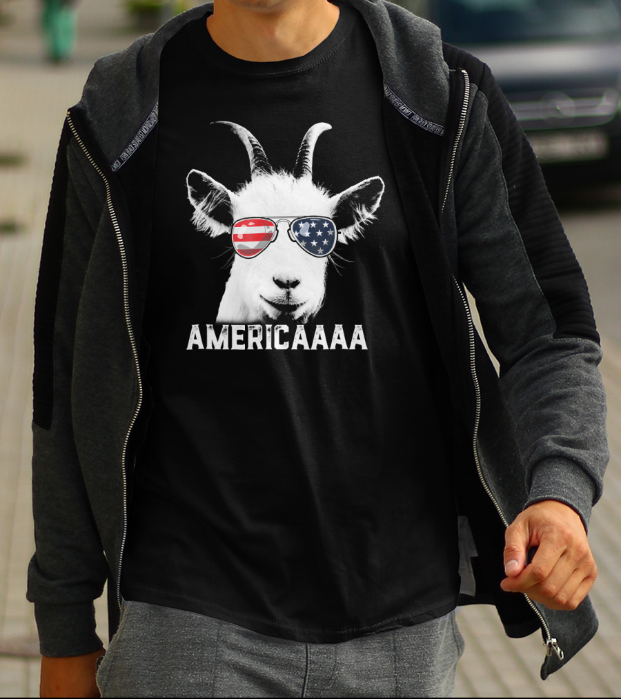 AMERICAAAA Patriotic Goat USA Flag Sunglasses Independence Day T-Shirt