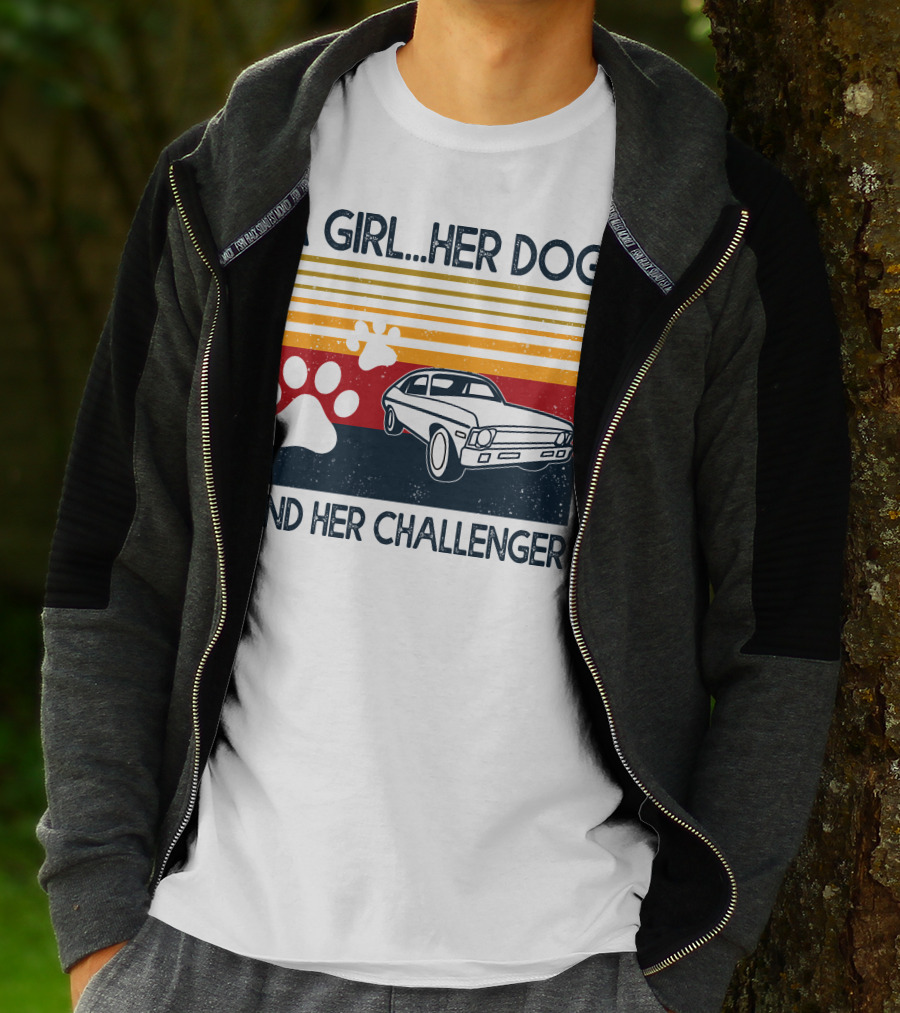 A Girl Her Dog And Her Challenger Vintage Car With Paw Prints T-Shirt