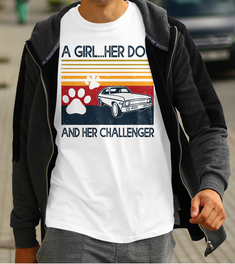 A Girl Her Dog And Her Challenger Vintage Car With Paw Prints T-Shirt