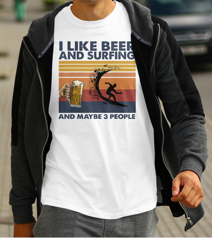 I Like Beer And Surfing And Maybe 3 People Retro Surfboard Wave Beer Glass T-Shirt