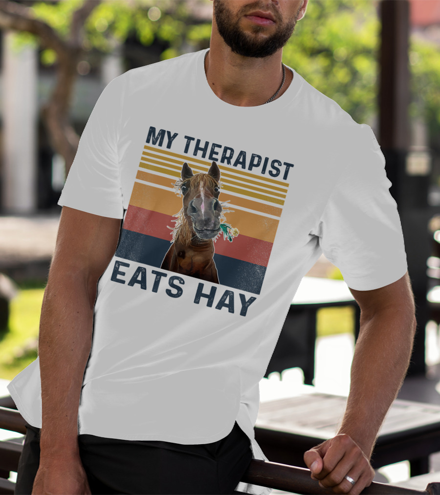 My Therapist Eats Hay Funny Horse Lover Retro Stripes T-Shirt
