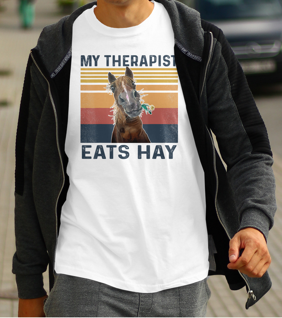 My Therapist Eats Hay Funny Horse Lover Retro Stripes T-Shirt