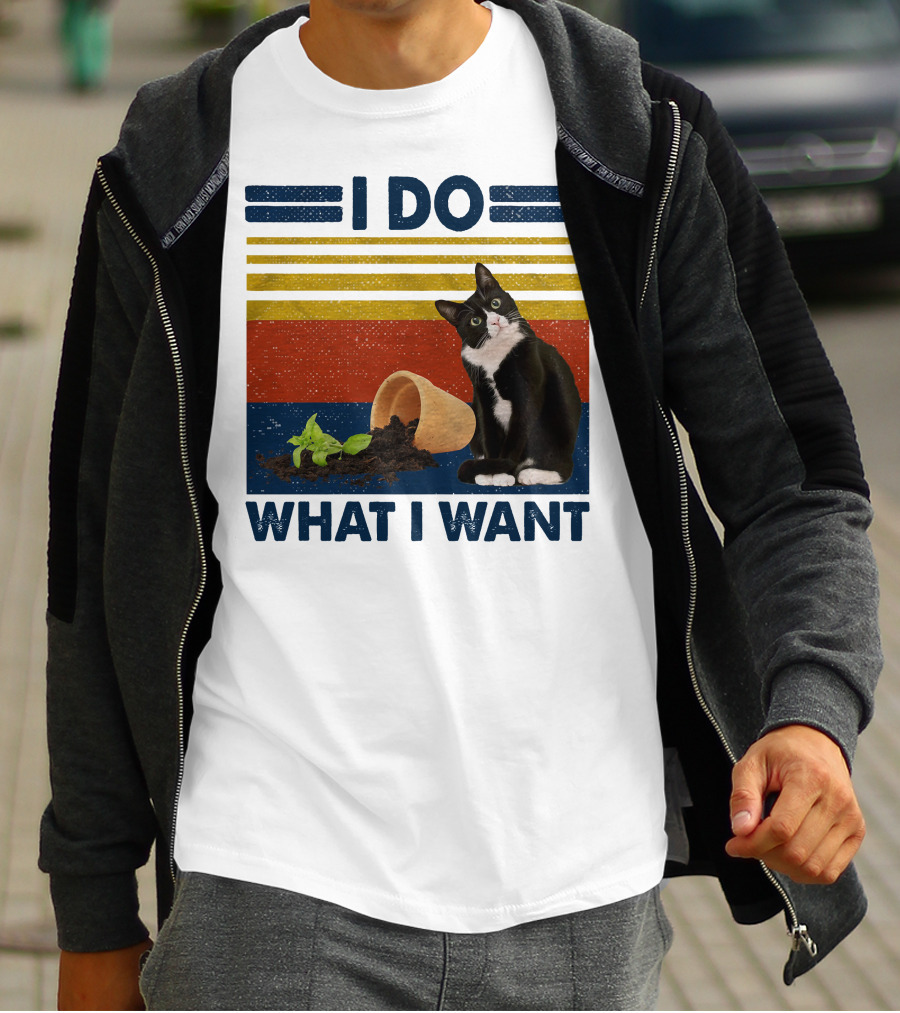 Tuxedo Kitty I Do What I Want Retro Stripes Plant Cup Soil T-Shirt