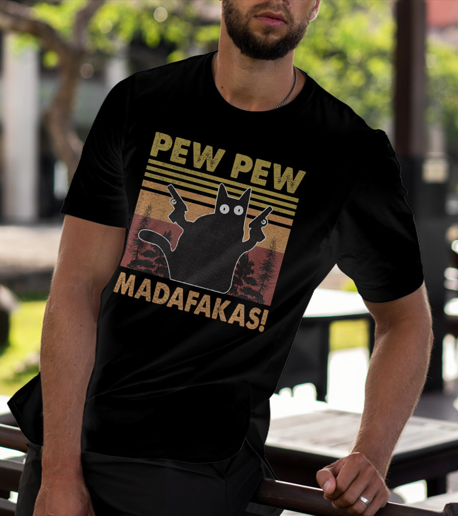 Pew Pew Madafakas Cat Vintage Retro Sunset Forest T-Shirt