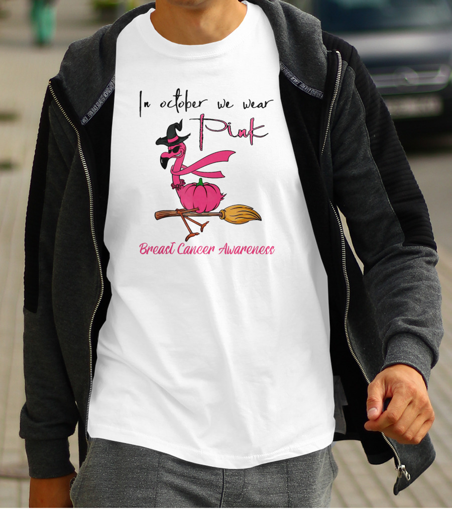 In October We Wear Pink Flamingo Riding Brush Breast Cancer Awareness T-Shirt