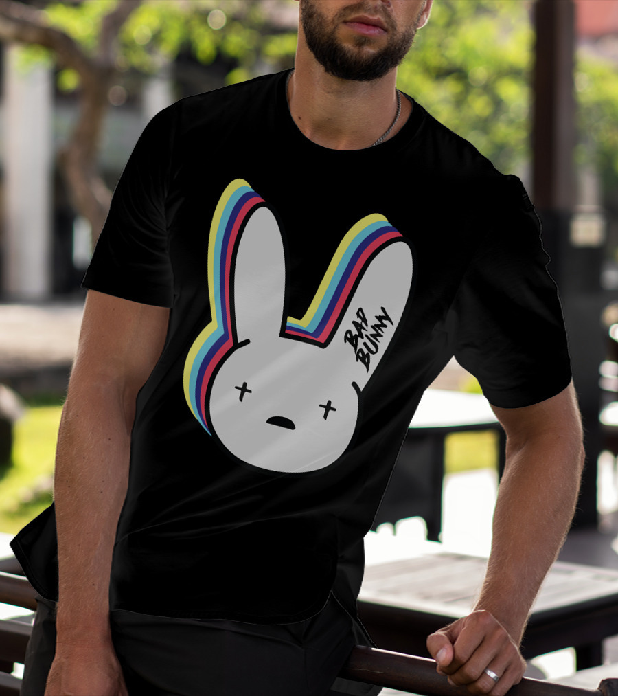 Bad Bunny Cross-Eyed Bunny Head Multicolor Outline T-Shirt