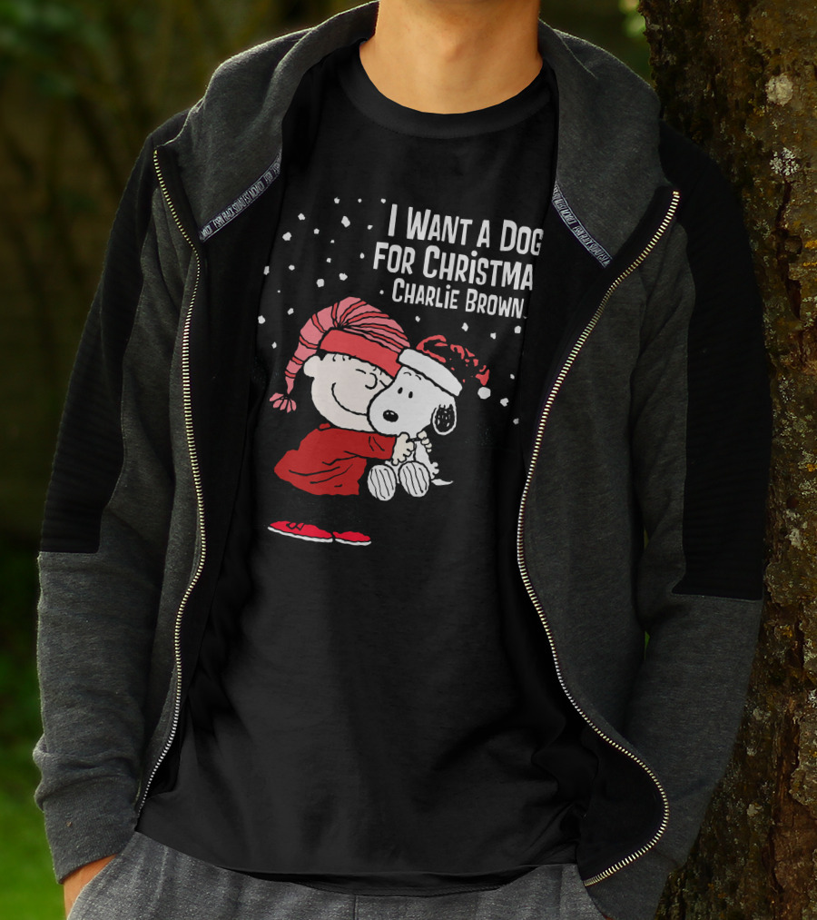 I Want A Dog For Christmas Charlie Brown Snoopy Hugging Linus Snow Scene T-Shirt