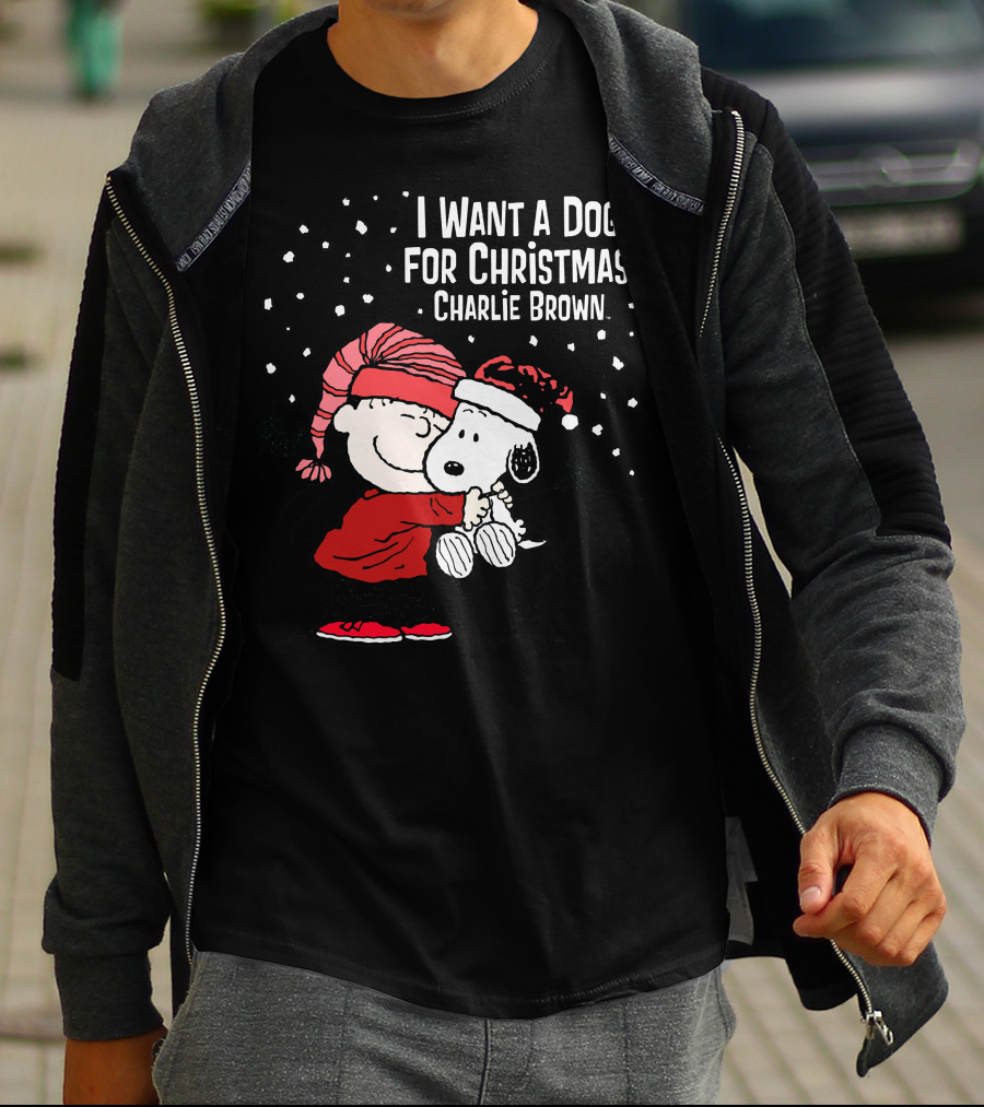 I Want A Dog For Christmas Charlie Brown Snoopy Hugging Linus Snow Scene T-Shirt