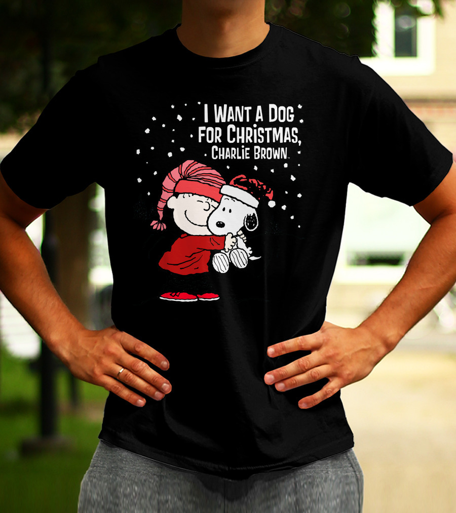 I Want A Dog For Christmas Charlie Brown Snoopy Hugging Linus Snow Scene T-Shirt