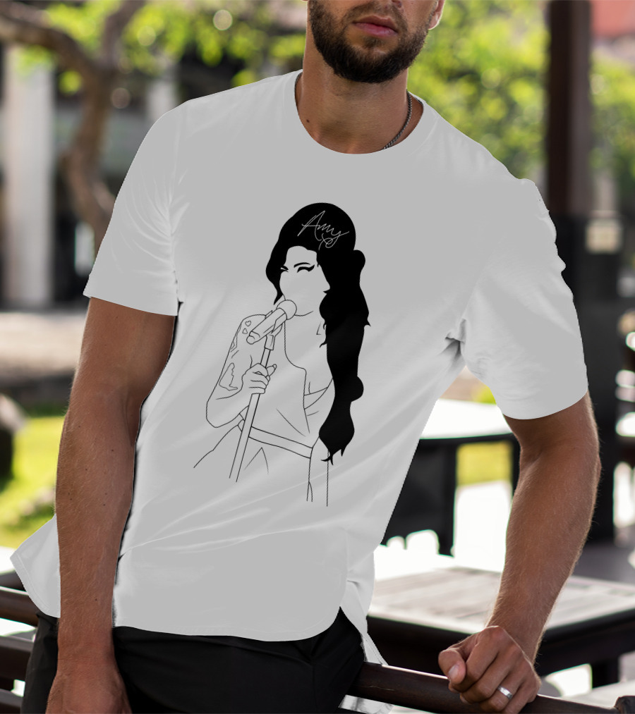 Amy Winehouse Line Art With Signature Mic Pose T-Shirt