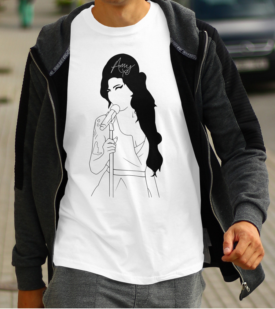 Amy Winehouse Line Art With Signature Mic Pose T-Shirt