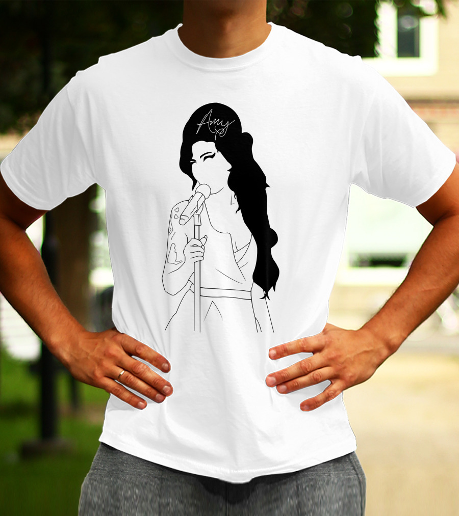 Amy Winehouse Line Art With Signature Mic Pose T-Shirt