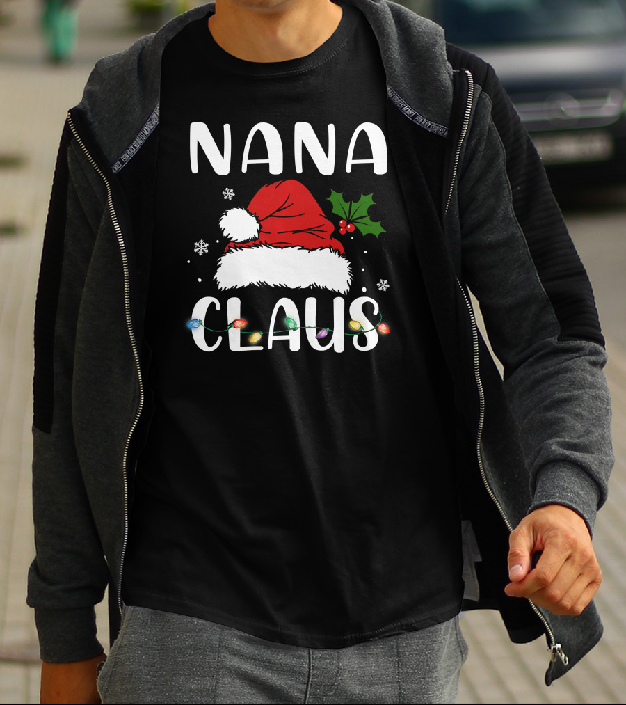 Nana Claus Santa Hat Holly Lights Snowflakes T-Shirt