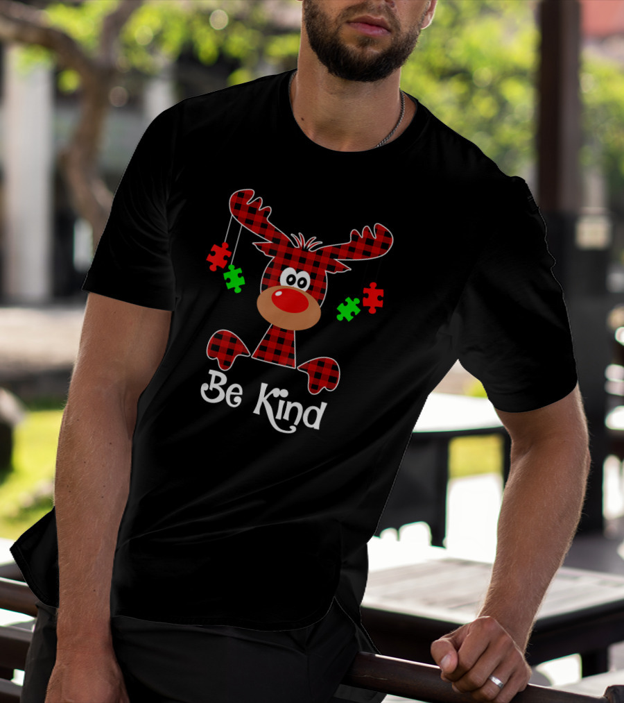 Be Kind Red Plaid Reindeer With Green Puzzle Pieces T-Shirt
