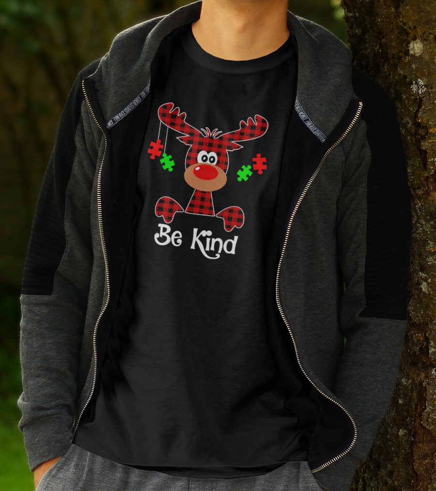 Be Kind Red Plaid Reindeer With Green Puzzle Pieces T-Shirt