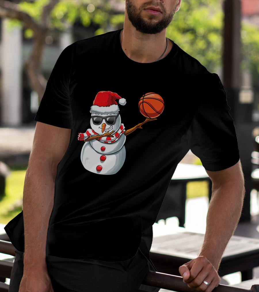 Christmas Snowman Dabbing Basketball Santa Scarf Glasses T-Shirt