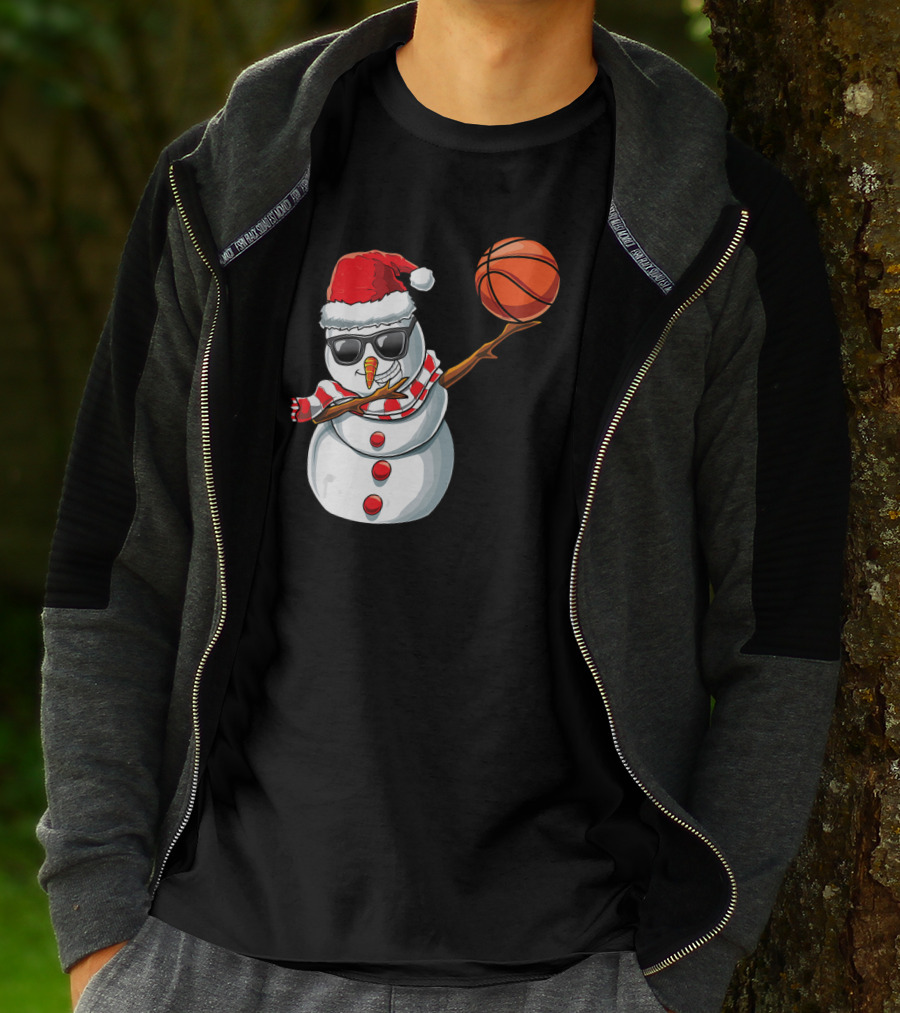 Christmas Snowman Dabbing Basketball Santa Scarf Glasses T-Shirt