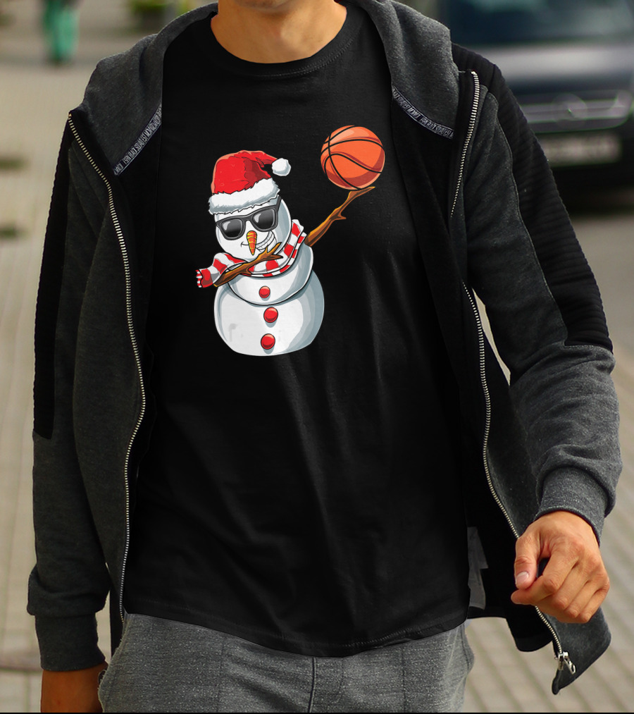 Christmas Snowman Dabbing Basketball Santa Scarf Glasses T-Shirt
