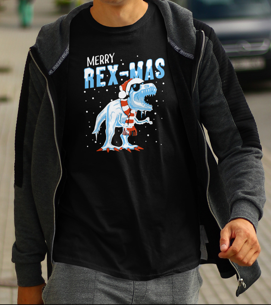 Merry Rexmas Christmas Dinosaur Wearing Santa Hat And Scarf T-Shirt