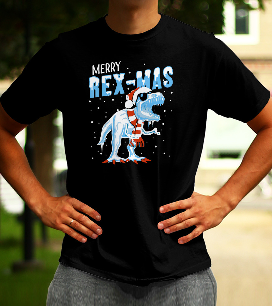 Merry Rexmas Christmas Dinosaur Wearing Santa Hat And Scarf T-Shirt
